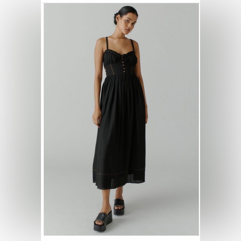 URBAN OUTFITTERS Size S Black Midi Dress Prairie Milk Maid Cottage Linen Blend